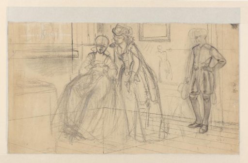 Interior with two women reading letters and a waiting messenger