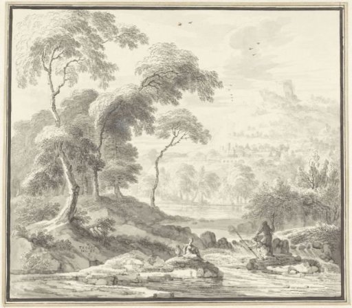 Idyllic hilly landscape with women by a stream