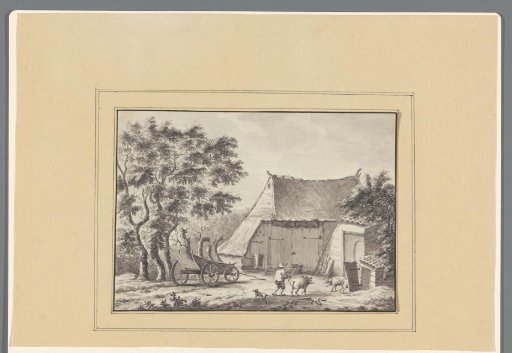 Man with pigs next to cart in front of farm