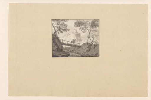 Traveler on a little bridge in mountain landscape
