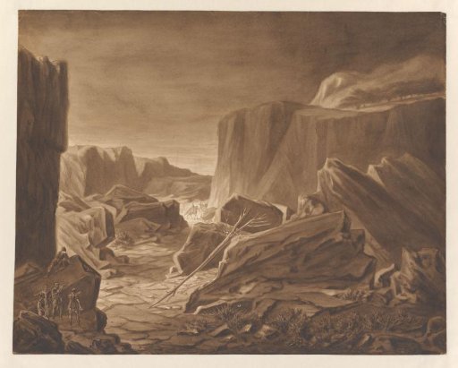 Mountain landscape with robbers spying on travelers