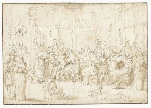 Interior with a merry company around a table