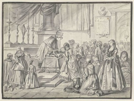 Church scene with adoration of the cross on Good Friday