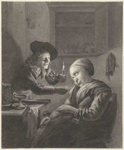 Man with a candle tickles a sleeping woman