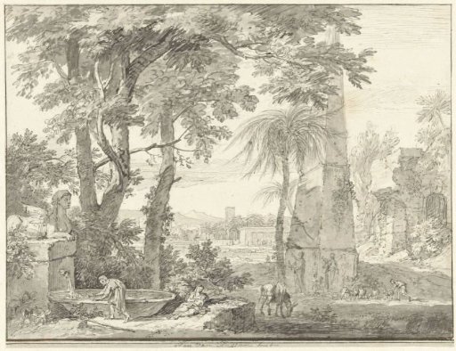 Arcadian landscape with an obelisk and a man at a fountain