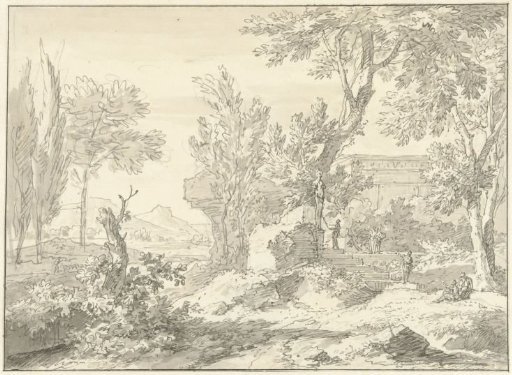 Arcadian landscape with a ruin and figures at a staircase
