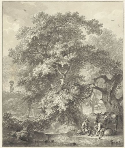 Forest View with Resting Shepherds by a Little Waterfall
