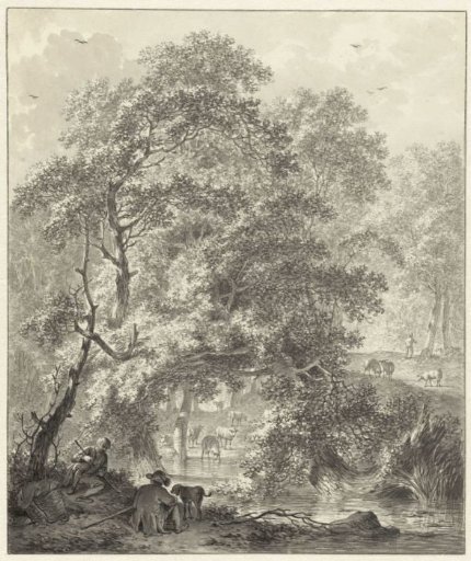 Forest View with Two Boys with a Dog Sitting by the Water