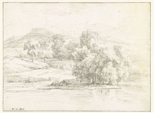 Hilly landscape on the bank of a wide body of water