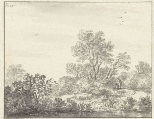 Two figures among trees on the bank of a river
