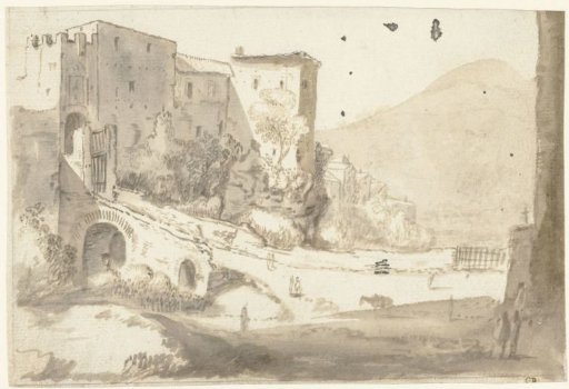 Italian landscape with a city gate on the left