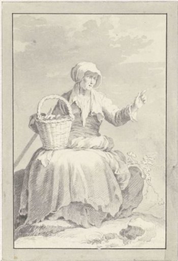 Seated old woman with raised hand