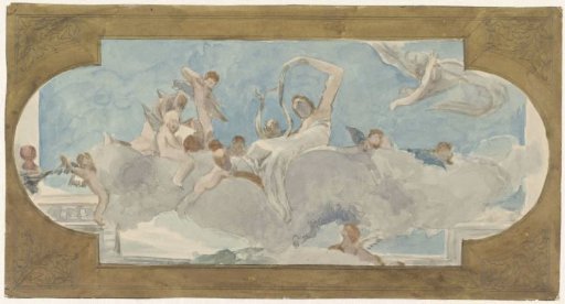 Ceiling painting with figures seated on clouds