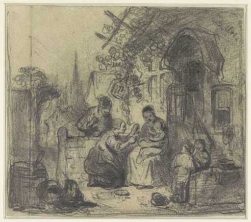 Family sitting outside in front of the house