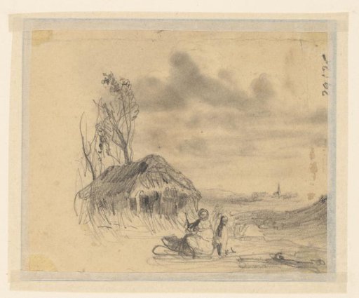 Sketch of mother with child in front of a farmhouse