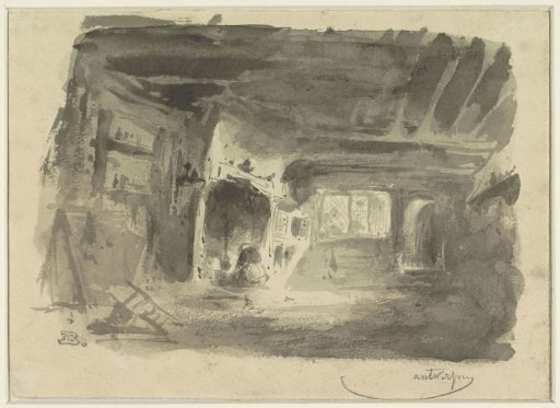 Interior with a kneeling woman before the fireplace