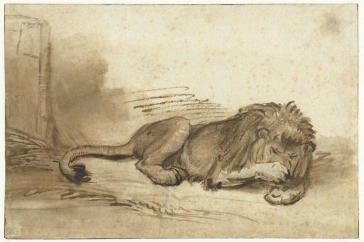 Reclining Lion with its Forepaw over its Muzzle