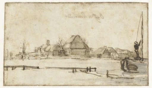 Winter View with a Waterway, Cottages and Two Boats