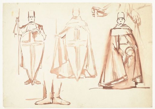 Study for the First Bossche Wall: studies of standing figures, some with shields, seen from the front