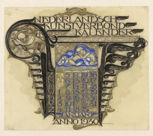 Design for a calendar page for January 1930 of the Nederlandsch Kunstverbond Calendar