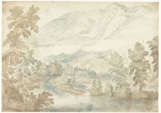 Bend in a river flowing through a valley with high mountains