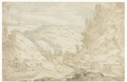 View of a valley with a village and a mountain stream