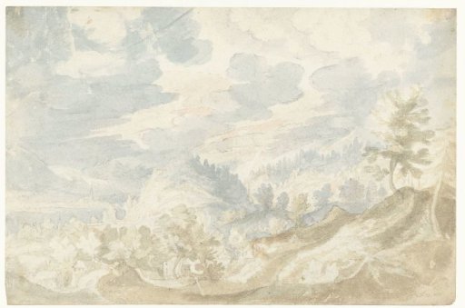 Mountain landscape with a view of a valley (of the Danube?) and a church tower