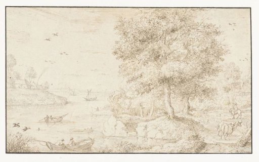 River landscape with two flying ducks in the lower left