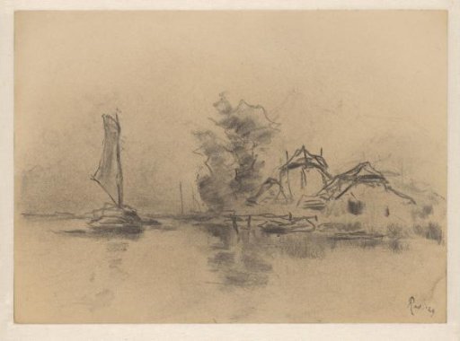 Sailing ship, farm and haystack
