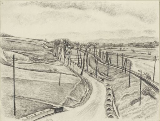 Hilly landscape with a road and railway line