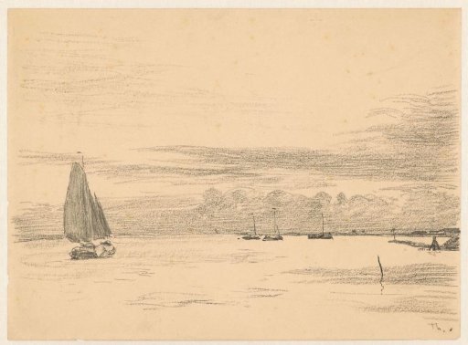 Sailing ship with ships at anchor in the background