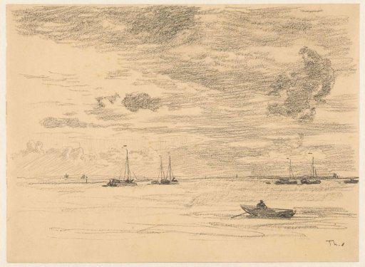 Rowing boat with ships at anchor in the background