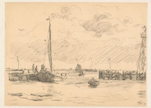 Fishing boat and rowboat at the harbor entrance with a lighthouse on the right