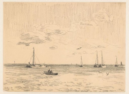 Ships at anchor with a rowboat in the foreground