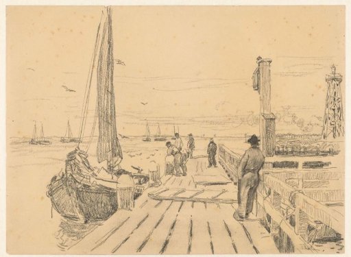Jetty with various persons and a moored boat