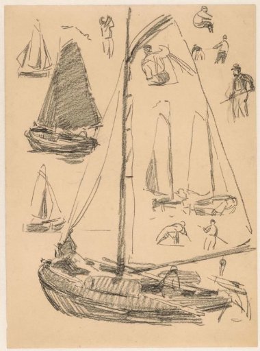 Study sheet with various sailing ships and figures