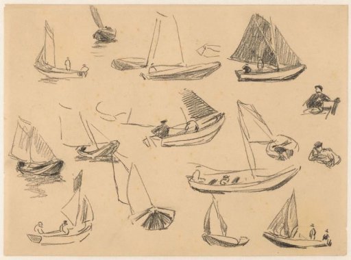 Study sheet with various sailing ships and figures
