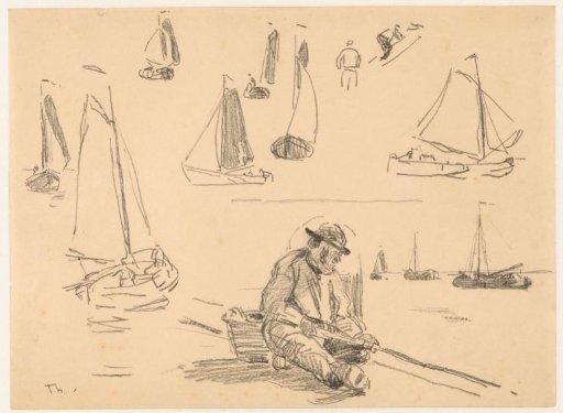 Study sheet with various sailing ships and a fisherman