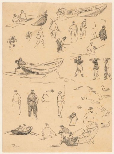 Study sheet with various figure studies, small fishing boats and studies of seagulls