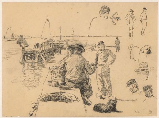 Study sheet with fishermen and a dog in the harbour and various figure studies