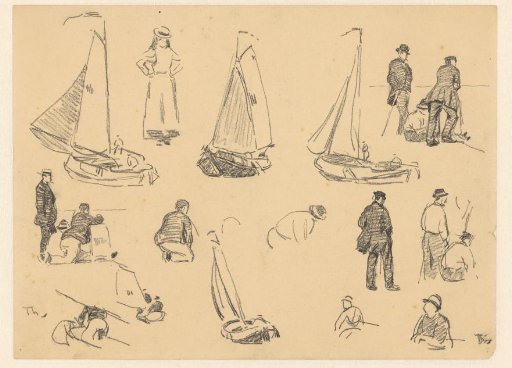 Study sheet with various figure studies and fishing boats