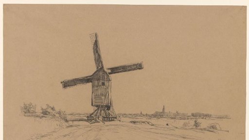 Windmill, with a city in the distance