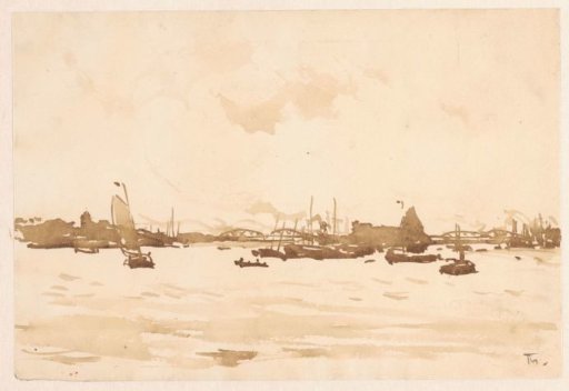 River with sailing ships and railway bridge