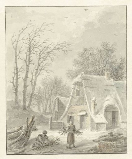 Winter landscape with wood gatherers in front of a farmhouse