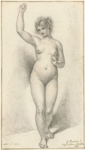 Standing nude woman, her right arm raised