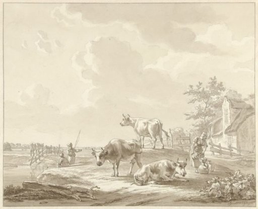 Three cows near a farm, two fishing boys and a woman