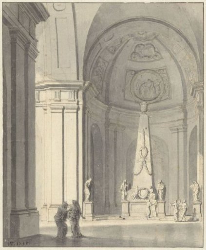 Large vaulted hall with a tomb monument