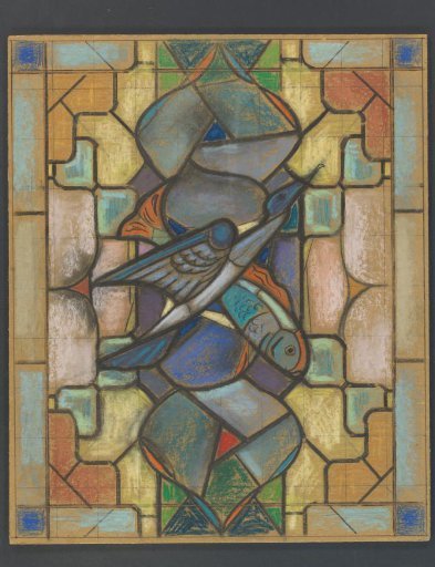 Design for a Stained-Glass Window with a Bird and Fish