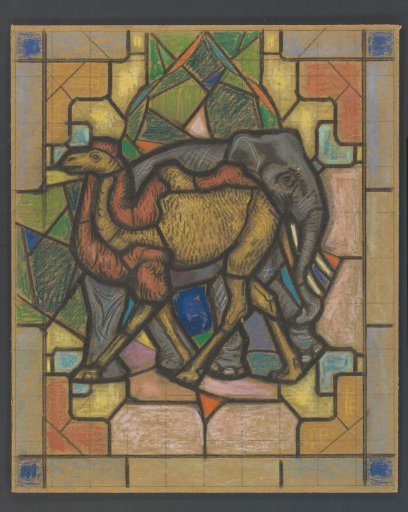 Design for a Stained-Glass Window with a Camel and Elephant