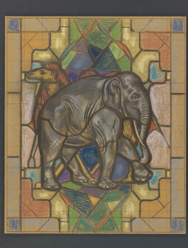 Design for a Stained-Glass Window with an Elephant and Camel